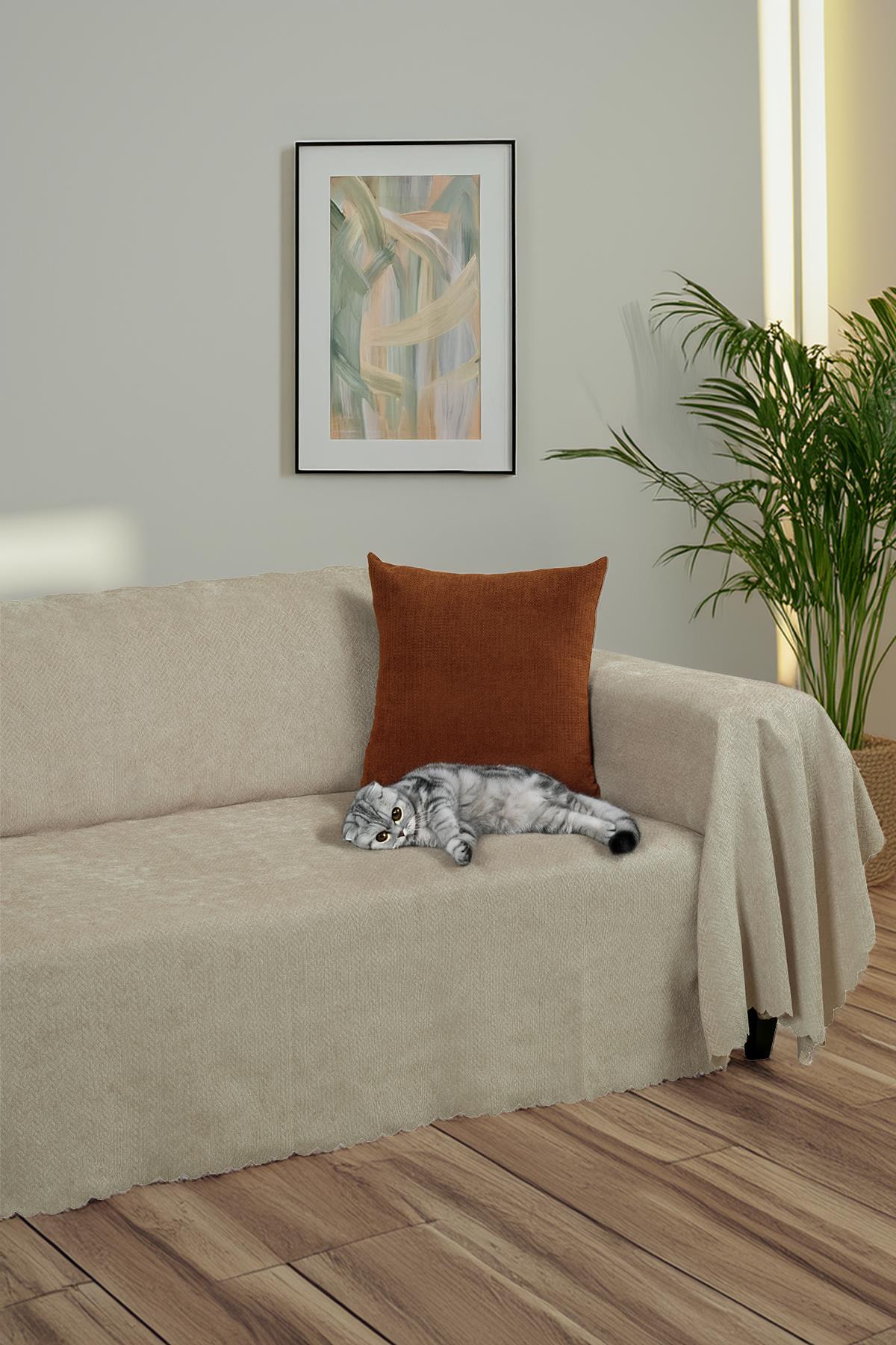Jakarlı Şönil Koltuk Örtüsü | Çekyat Örtüsü | Koltuk Şalı 175x300 Kaymaz Camel
