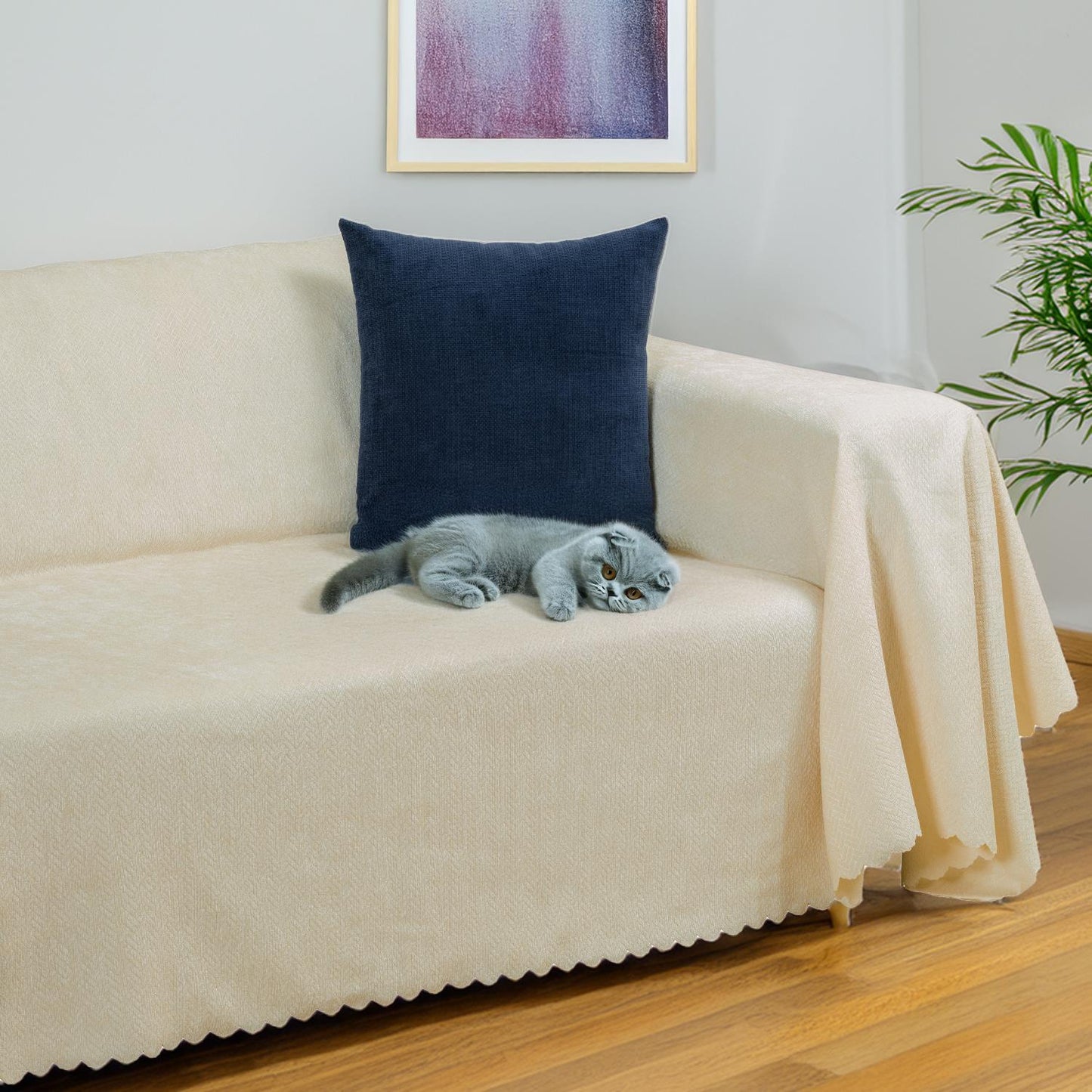 Jakarlı Şönil Koltuk Örtüsü | Çekyat Örtüsü | Koltuk Şalı 175x300 Kaymaz Ekru
