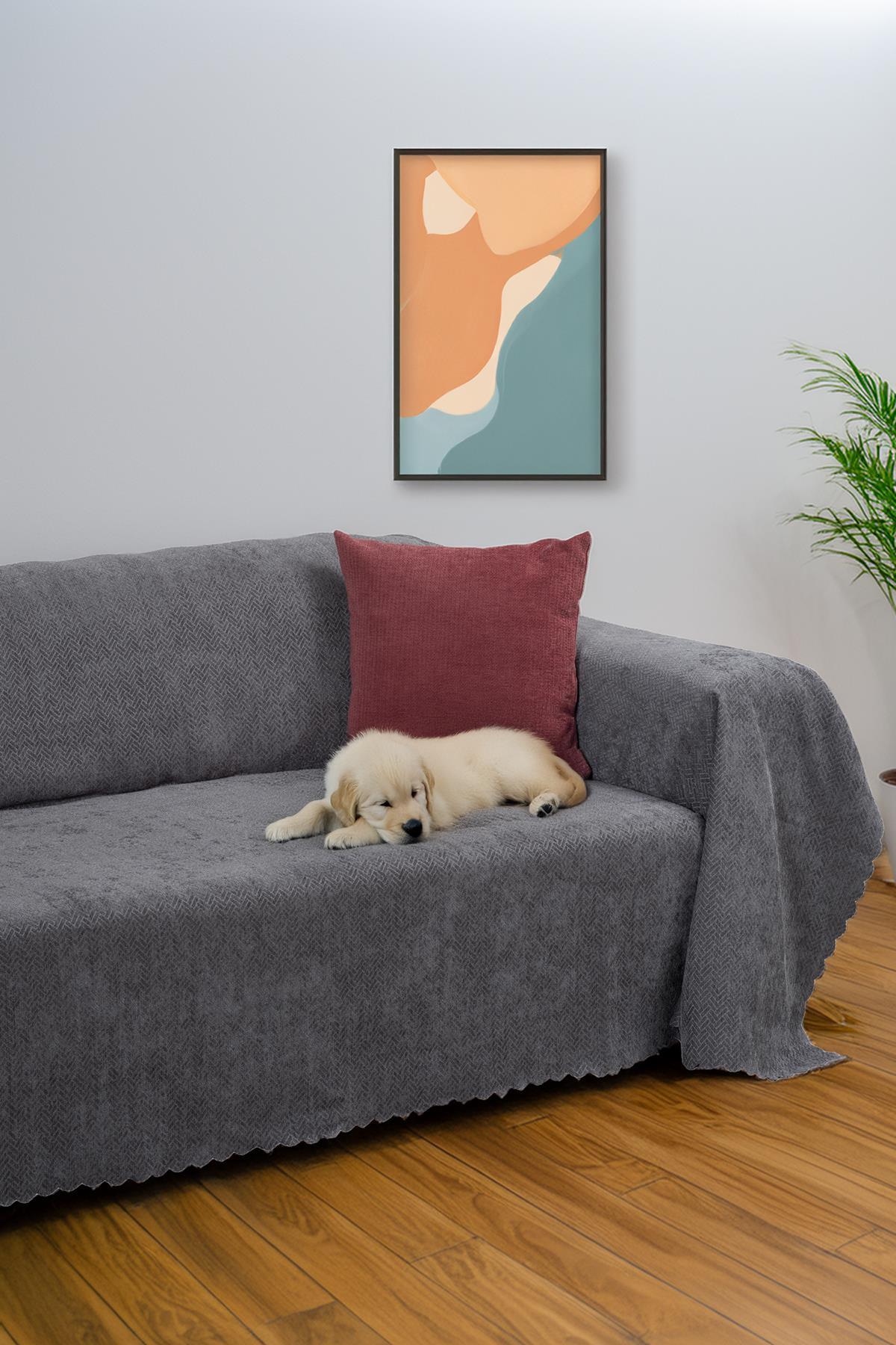 Jakarlı Şönil Koltuk Örtüsü | Çekyat Örtüsü | Koltuk Şalı 175x300 Kaymaz Gri