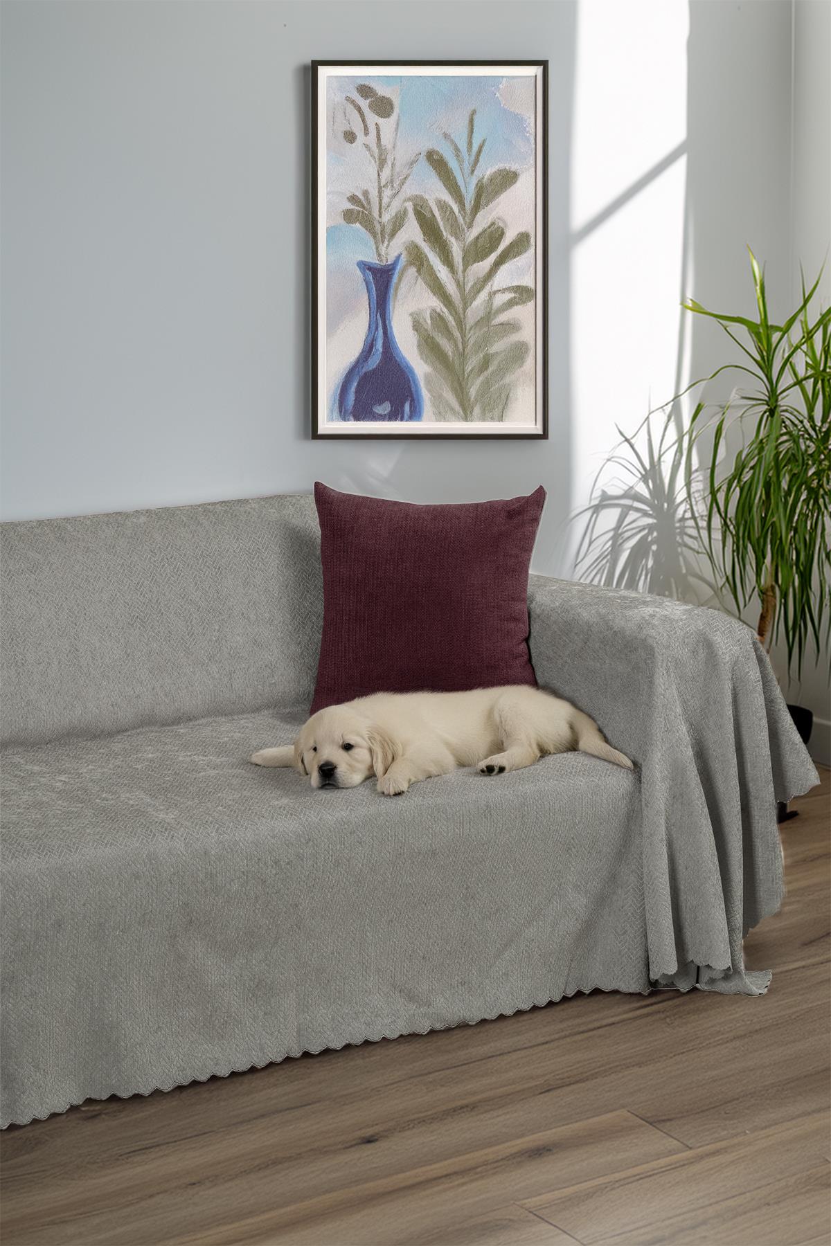 Jakarlı Şönil Koltuk Örtüsü | Çekyat Örtüsü | Koltuk Şalı 175x300 Kaymaz Gümüş