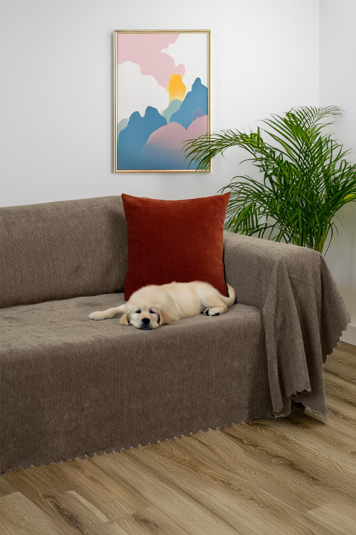 Jakarlı Şönil Koltuk Örtüsü | Çekyat Örtüsü | Koltuk Şalı 175x300 Kaymaz Kahve