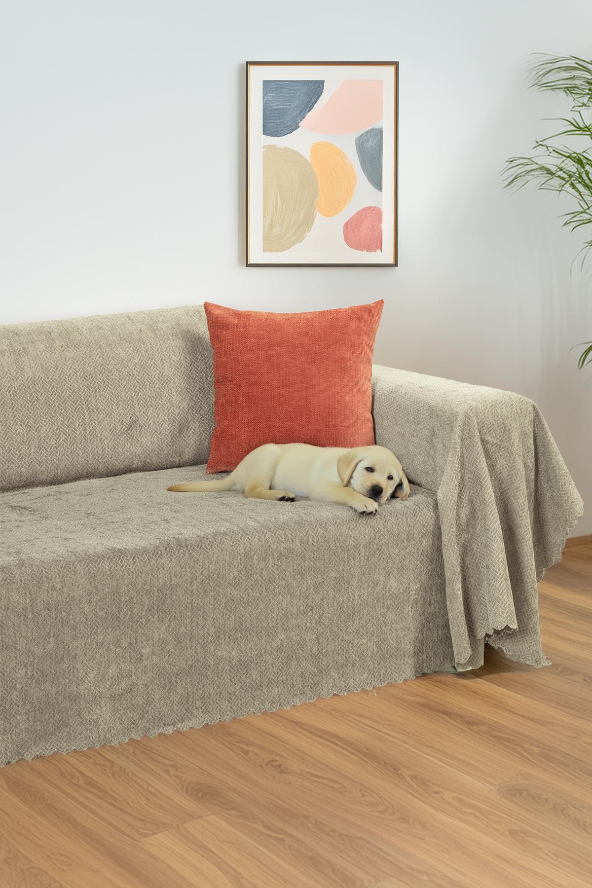 Jakarlı Şönil Koltuk Örtüsü | Çekyat Örtüsü | Koltuk Şalı 175x300 Kaymaz Kum Beji