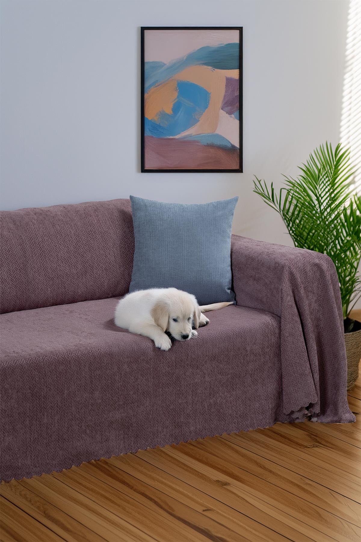 Jakarlı Şönil Koltuk Örtüsü | Çekyat Örtüsü | Koltuk Şalı 175x300Kaymaz Gül Kurusu