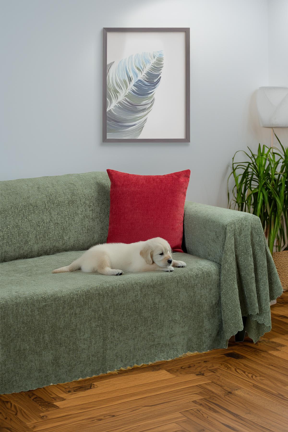 Jakarlı Şönil Koltuk Örtüsü | Kanepe Örtüsü | Koltuk Şalı 175x300 Kaymaz Sage Yeşil
