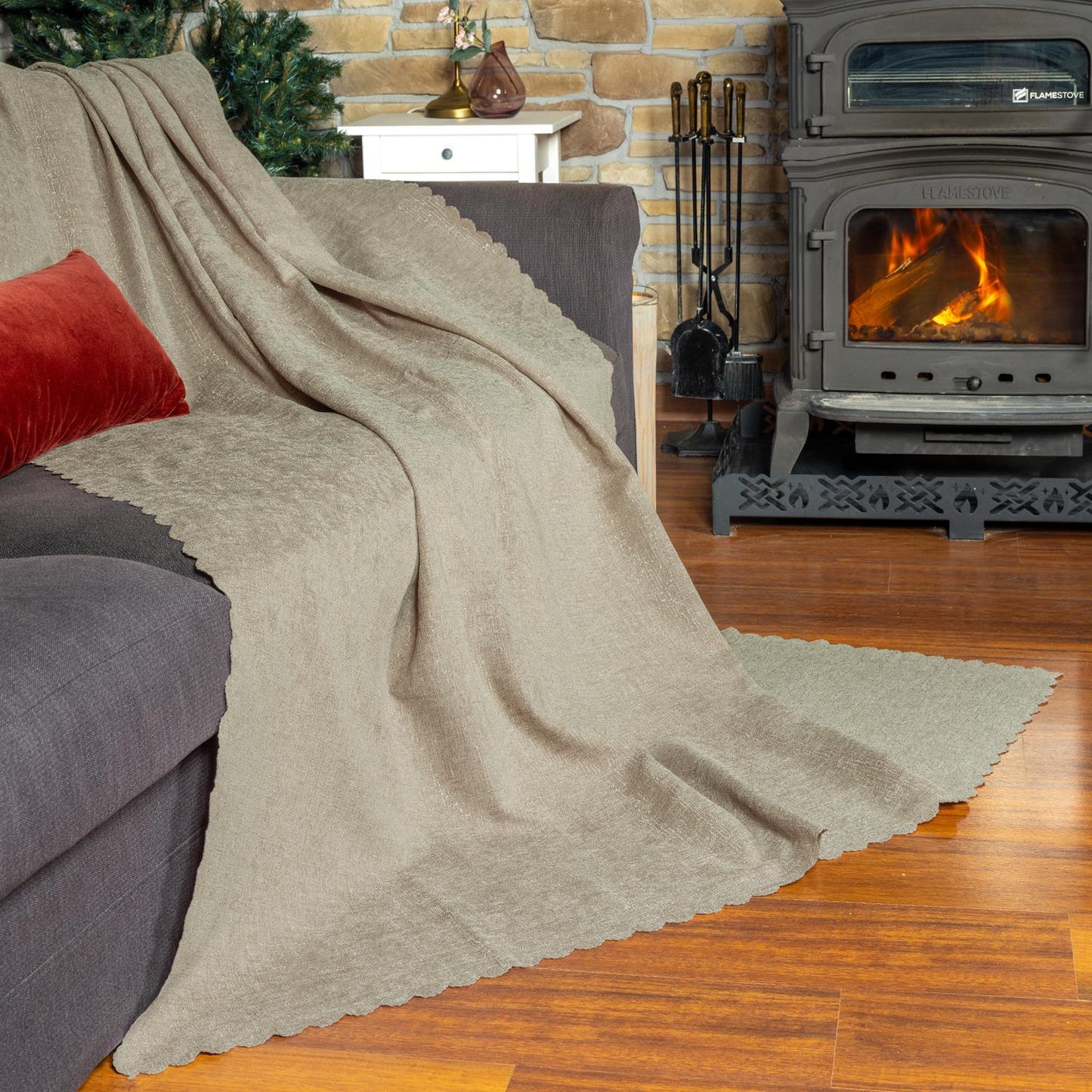 Jakarlı Şönil Koltuk Örtüsü | Kanepe Örtüsü | Koltuk Şalı 175x350 Kaymaz Camel