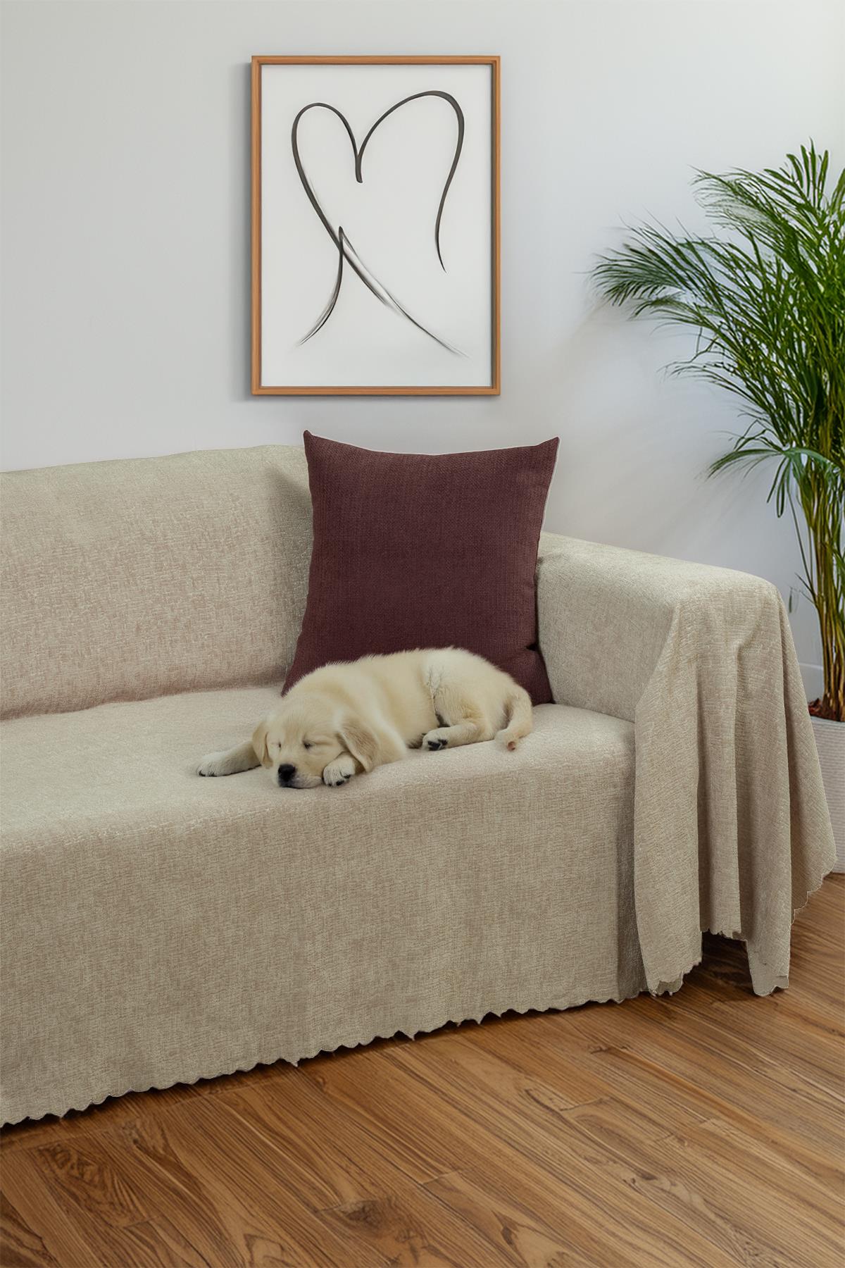 Jakarlı Şönil Koltuk Örtüsü | Kanepe Örtüsü | Koltuk Şalı 175x350 Kaymaz Camel
