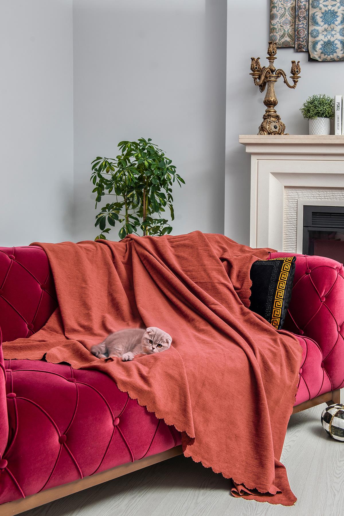 Kaymaz Koltuk Örtüsü Çift Taraflı Mikrofiber Şönil 175x350 cm XL- Kiremit – Kedi Köpek ve Çocuk Dostu