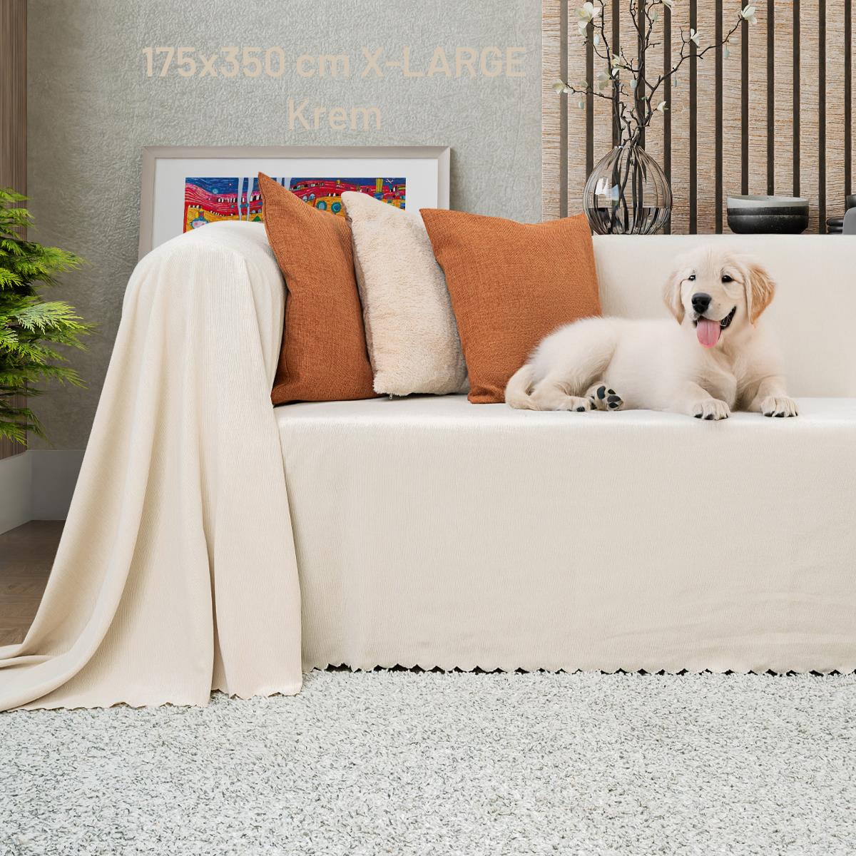 Kaymaz Koltuk Örtüsü Çift Taraflı Mikrofiber Şönil 175x350 cm XL- Krem – Kedi Köpek ve Çocuk Dostu
