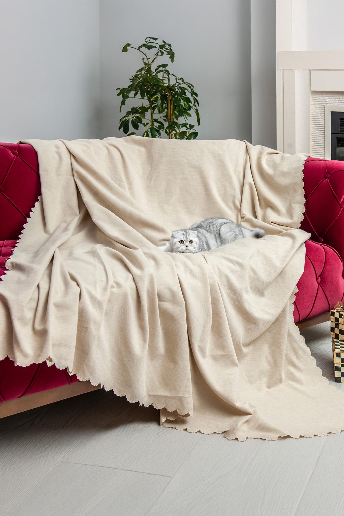 Kaymaz Koltuk Örtüsü Çift Taraflı Mikrofiber Şönil 175x350 cm XL- Krem – Kedi Köpek ve Çocuk Dostu