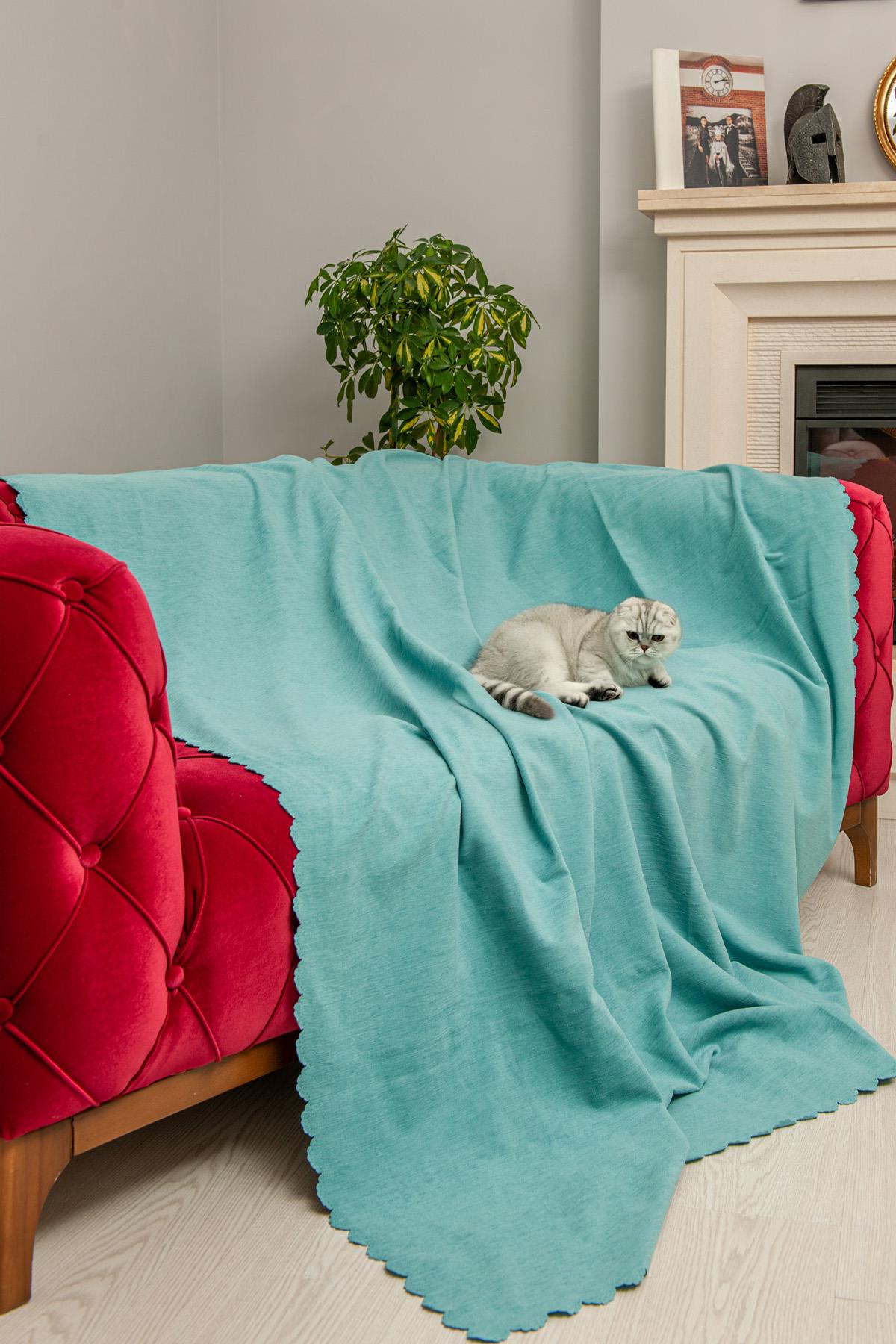 Kaymaz Koltuk Örtüsü Çift Taraflı Mikrofiber Şönil 175x350 cm XL- Su Yeşili – Kedi Köpek ve Çocuk Dostu