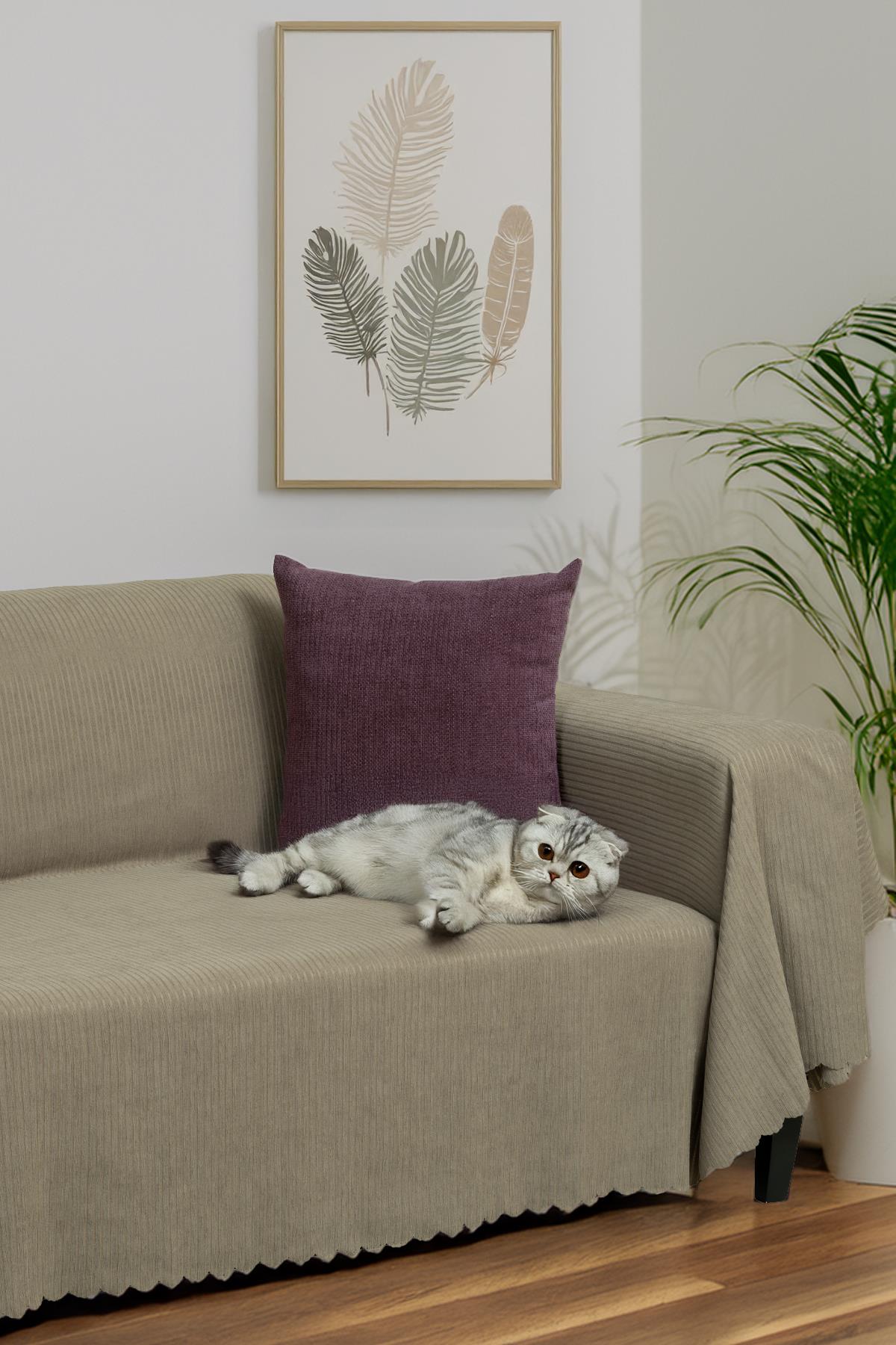 Mikrofiber Şönil Fitilli Minimalist Koltuk Örtüsü -175x300 cm Large, Çift Taraflı, Kaymaz, Terletmez Kapuçino