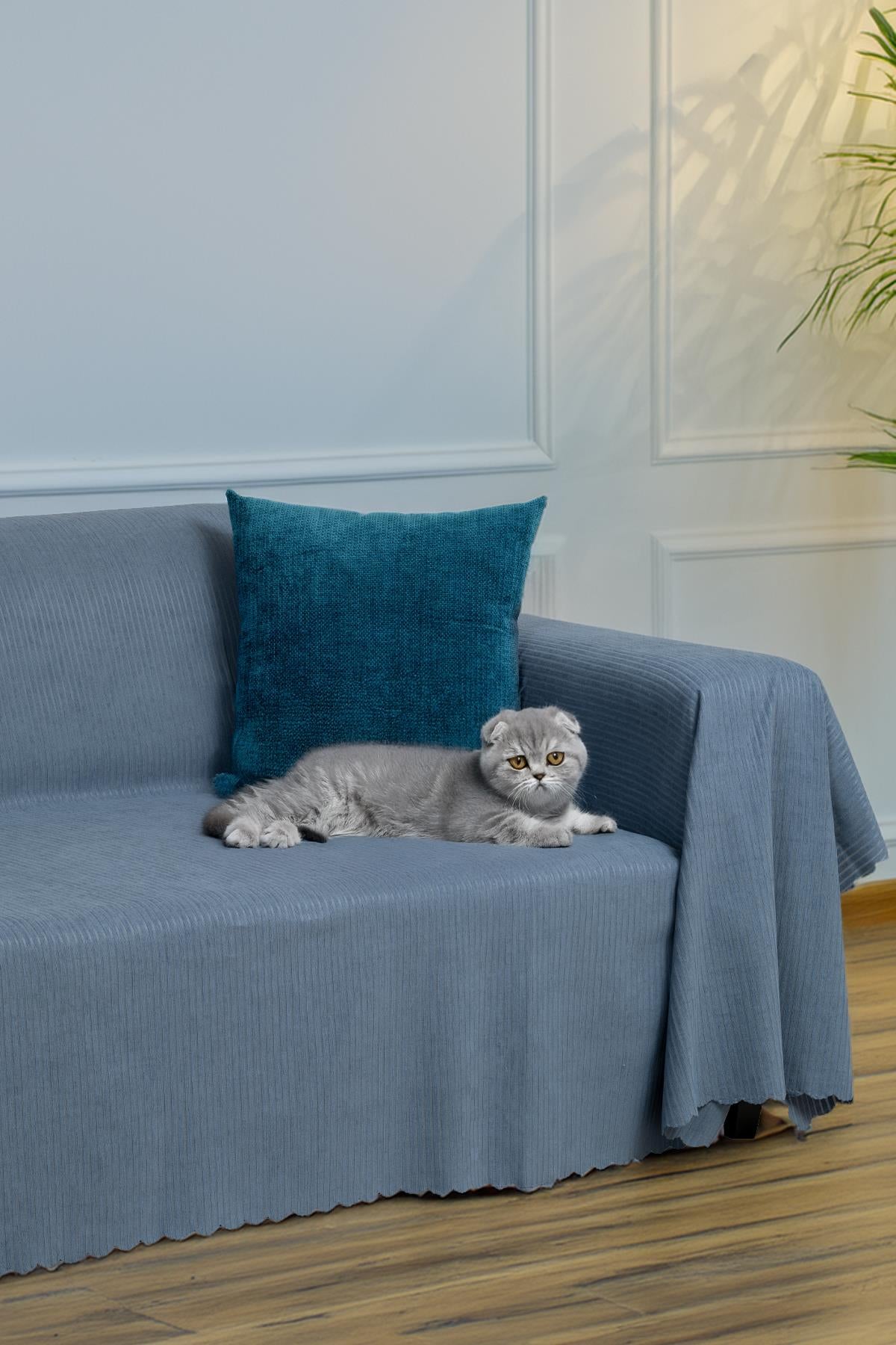 Mikrofiber Şönil Fitilli Minimalist Koltuk Örtüsü -175x300 cm Large, Çift Taraflı, Kaymaz, Terletmez Mavi