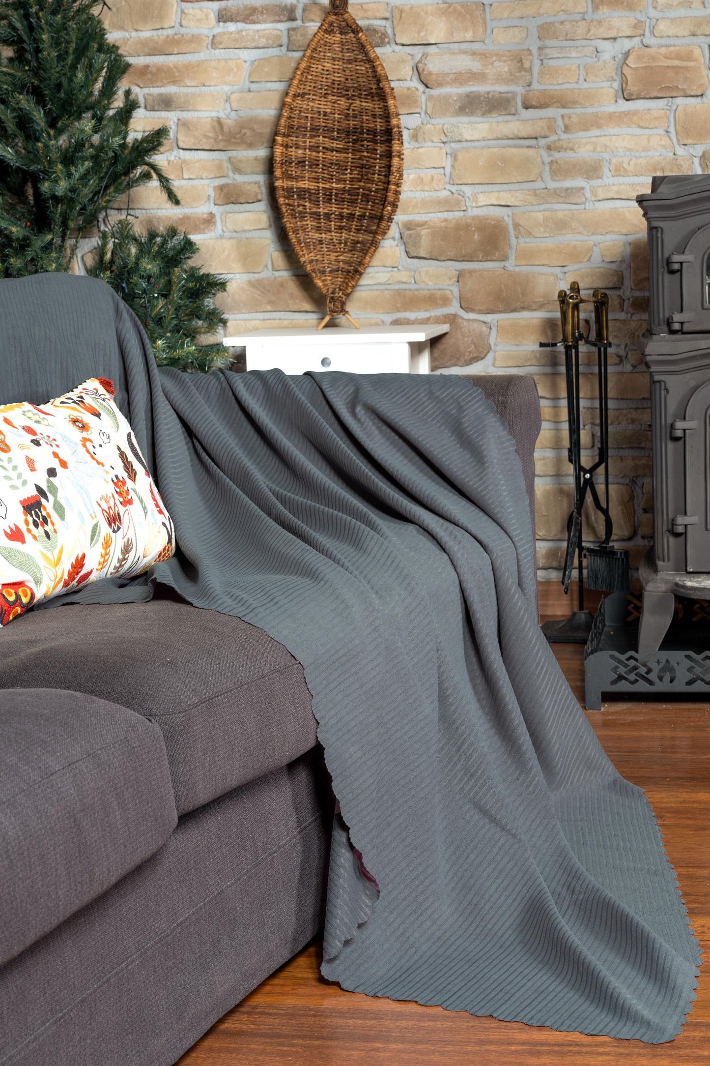 Mikrofiber Şönil Fitilli Minimalist Koltuk Örtüsü -175x350 cm XLarge, Çift Taraflı, Kaymaz, Terletmez Gri