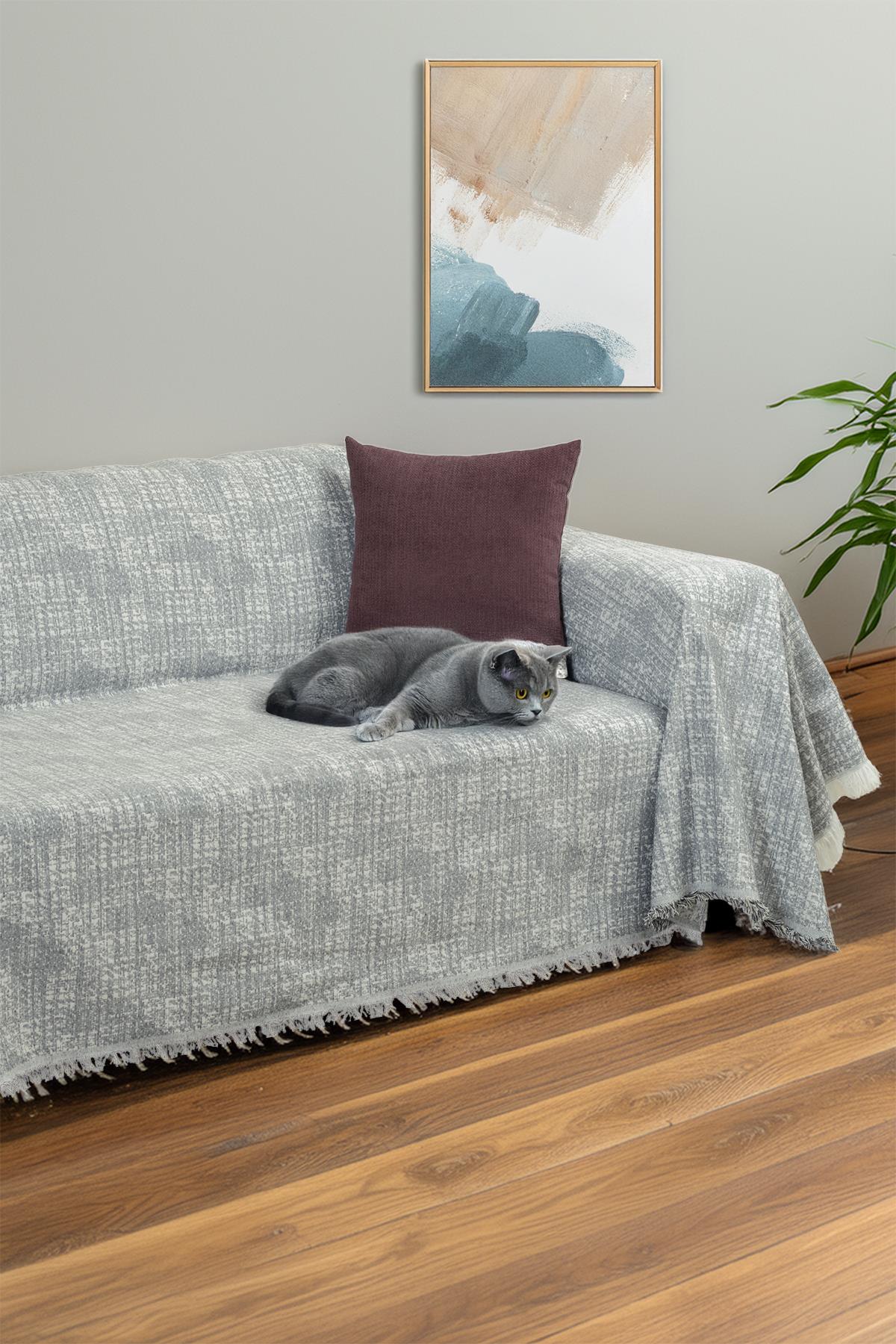 PureCot Premium Pamuklu Püsküllü Koltuk Örtüsü 180x220 Çift Taraflı Terletmez Kaymaz , Antrasit