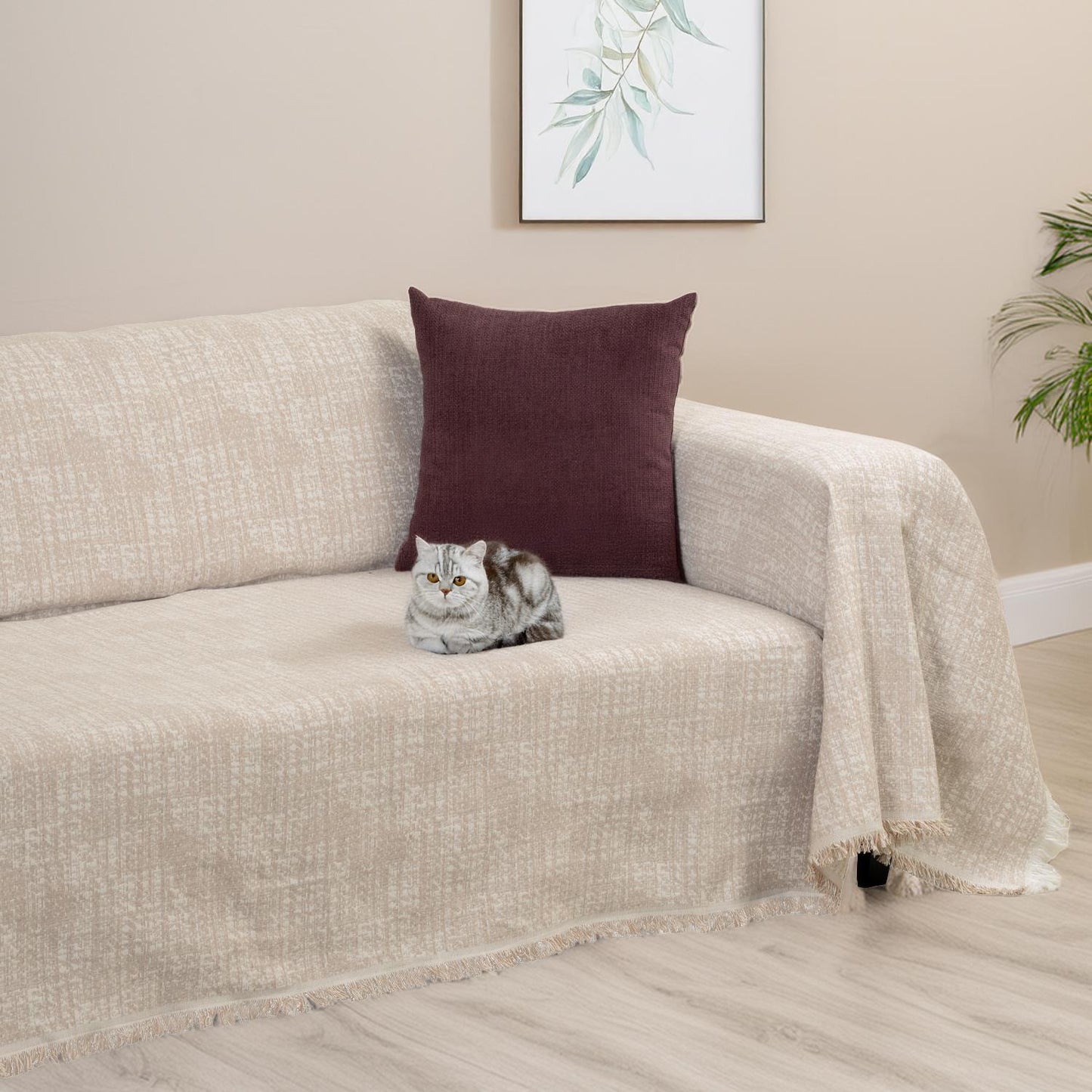 PureCot Premium Pamuklu Püsküllü Koltuk Örtüsü 180x300 Large Çift Taraflı Terletmez Kaymaz , Bej