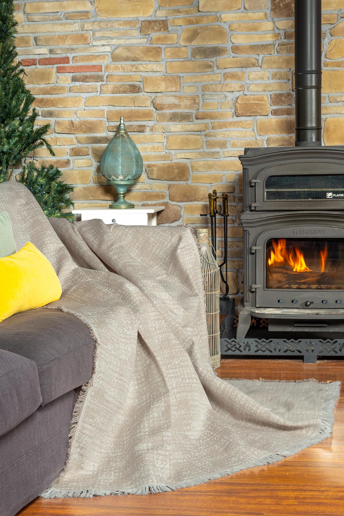 PureCot Premium Pamuklu Püsküllü Koltuk Örtüsü 180x300 Large Çift Taraflı Terletmez Kaymaz , Bej