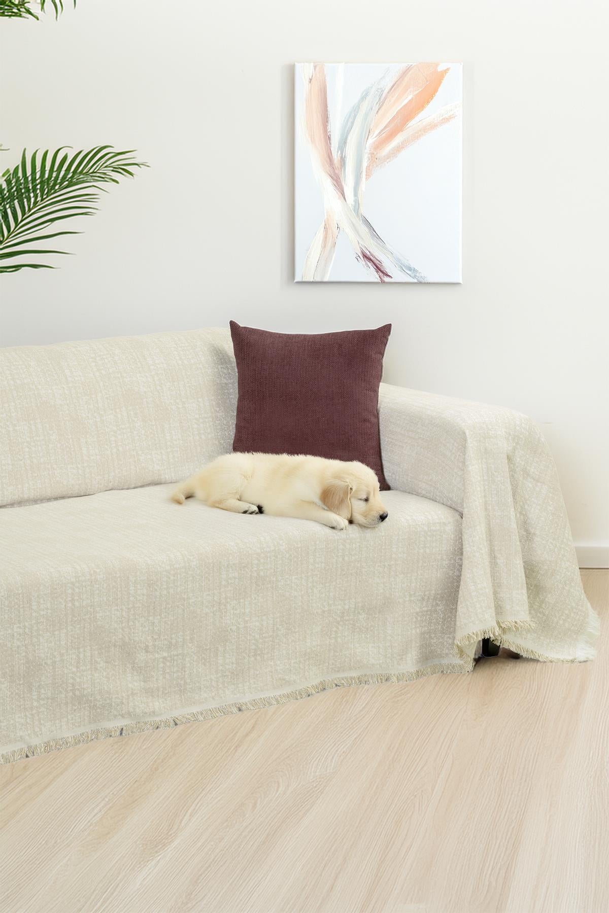 PureCot Premium Pamuklu Püsküllü Koltuk Örtüsü 180x300 Large Çift Taraflı Terletmez Kaymaz , Krem