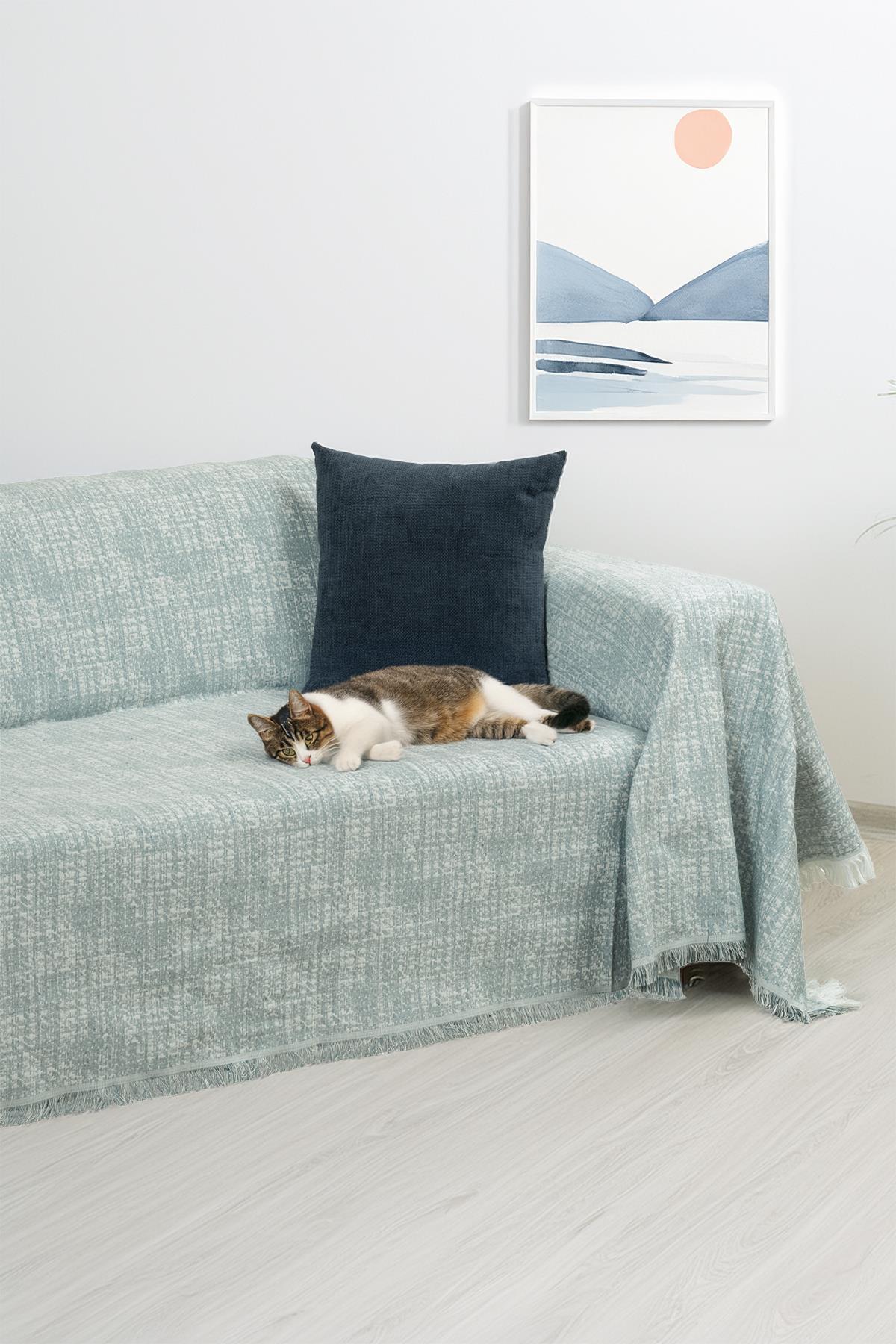 PureCot Premium Pamuklu Püsküllü Koltuk Örtüsü 180x300 Large Çift Taraflı Terletmez Kaymaz , Mavi