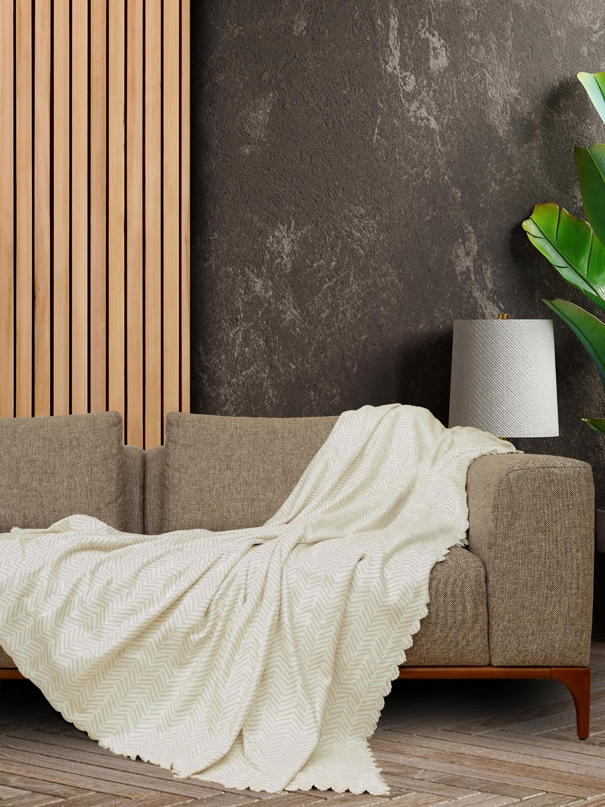 SoftMicro İskandinav Desenli Boho 180x300 cm Koltuk Örtüsü Şalı, Kanepe Örtüsü, Tv Battaniyesi Krem