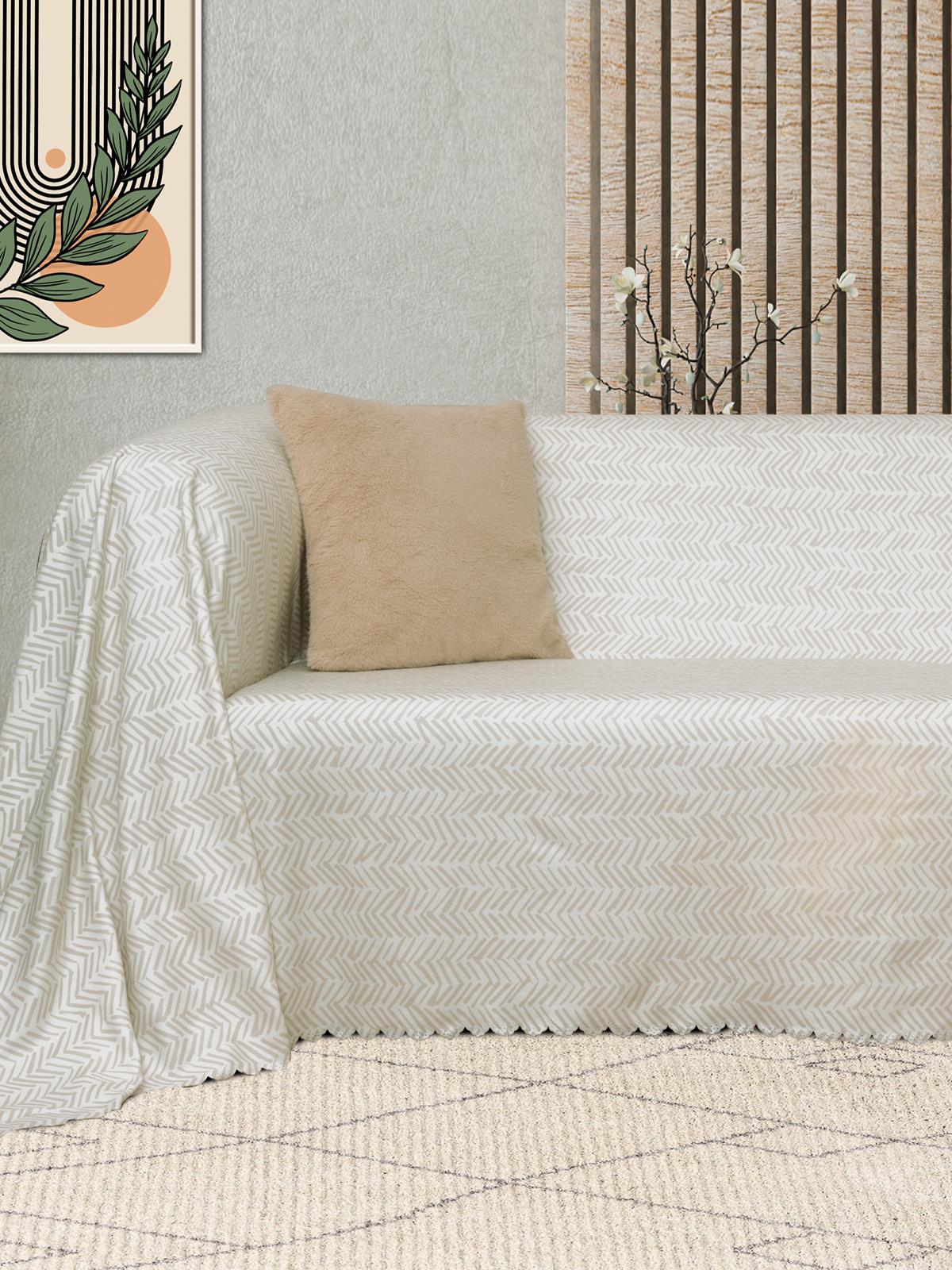 SoftMicro İskandinav Desenli Boho 180x300 cm Koltuk Örtüsü Şalı, Kanepe Örtüsü, Tv Battaniyesi Krem