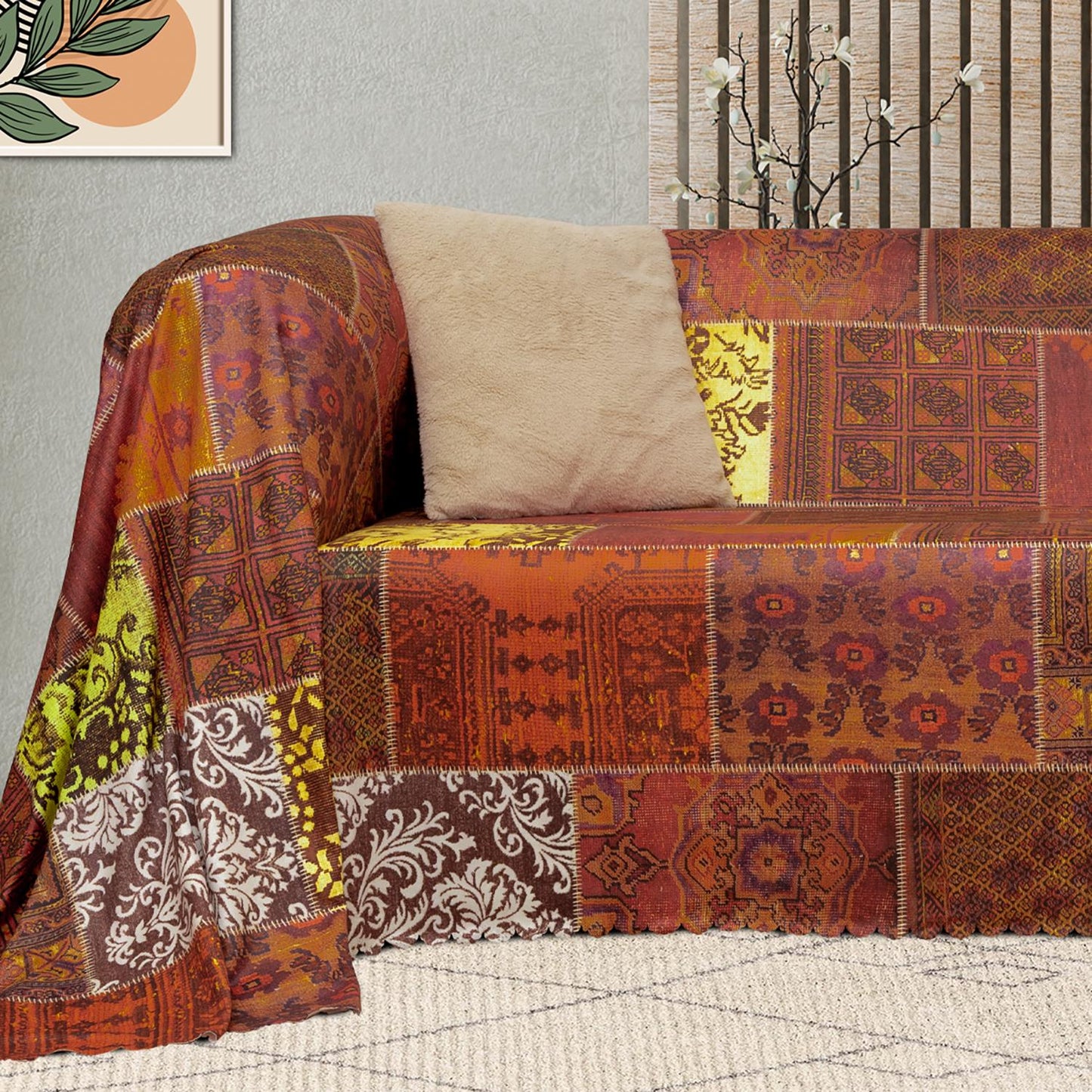 SoftMicro Etnik Desenli Boho 180x300 cm Koltuk Örtüsü Şalı, Kanepe Örtüsü, Tv Battaniyesi Kiremit Rengi