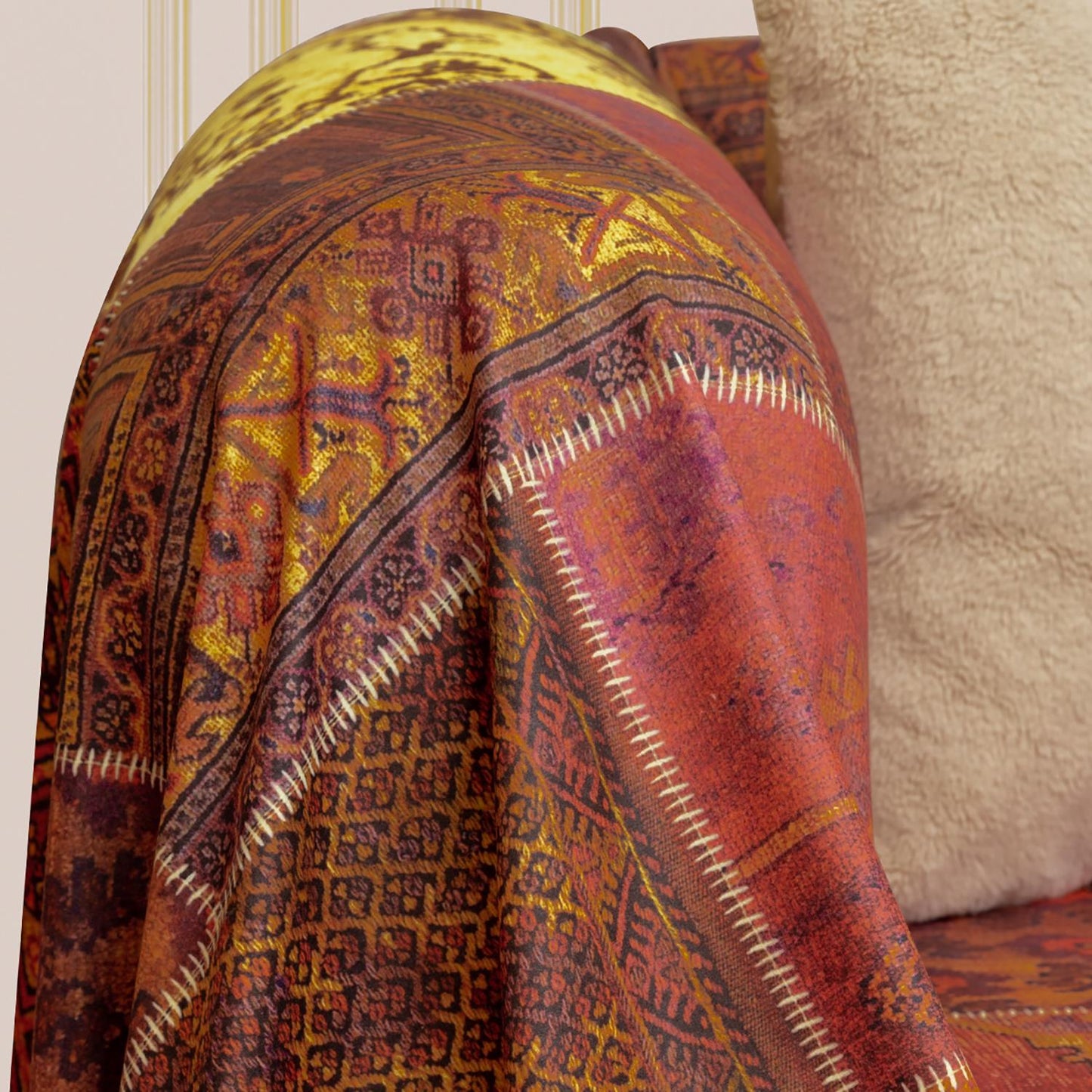 SoftMicro Etnik Desenli Boho 180x300 cm Koltuk Örtüsü Şalı, Kanepe Örtüsü, Tv Battaniyesi Kiremit Rengi