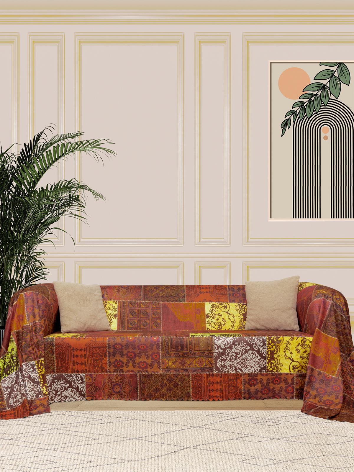 SoftMicro Etnik Desenli Boho 180x300 cm Koltuk Örtüsü Şalı, Kanepe Örtüsü, Tv Battaniyesi Kiremit Rengi