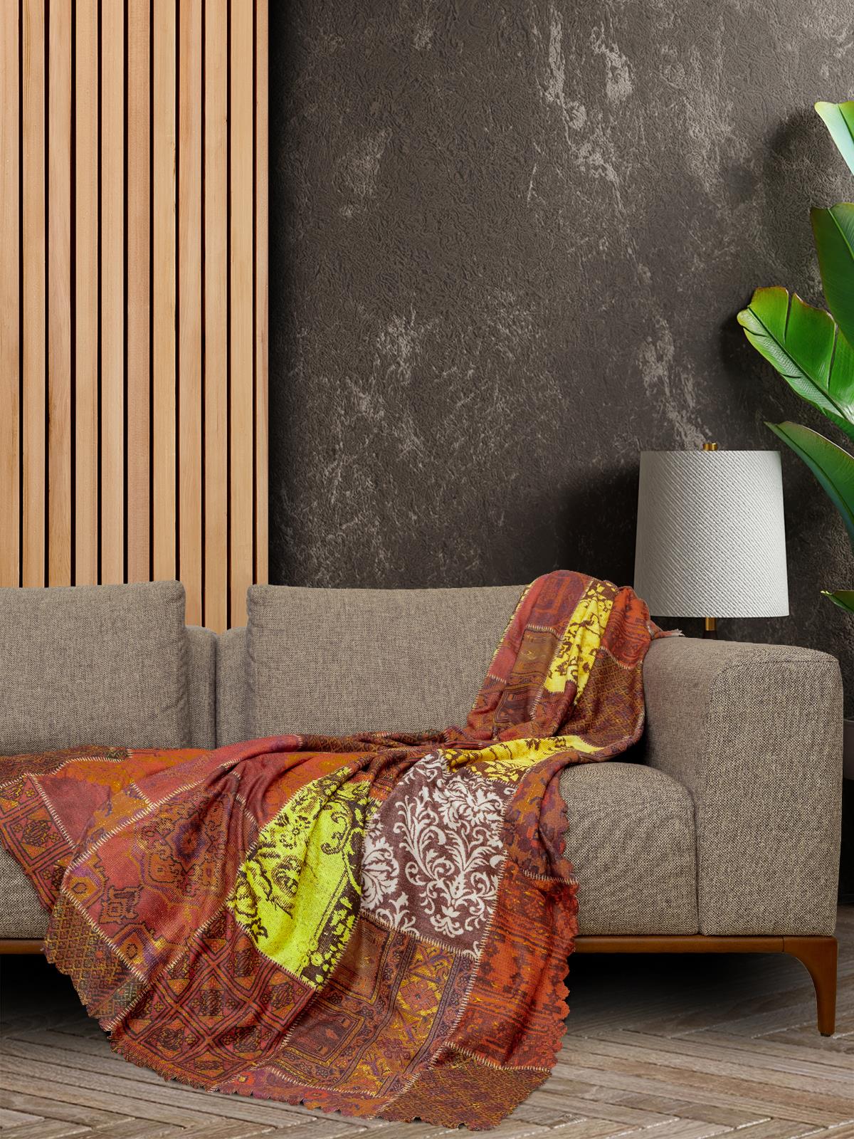 SoftMicro Etnik Desenli Boho 180x300 cm Koltuk Örtüsü Şalı, Kanepe Örtüsü, Tv Battaniyesi Kiremit Rengi