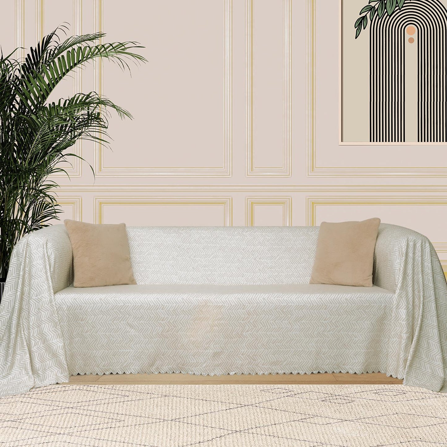 SoftMicro İskandinav Desenli Boho 180x300 cm Koltuk Örtüsü Şalı, Kanepe Örtüsü, Tv Battaniyesi Krem