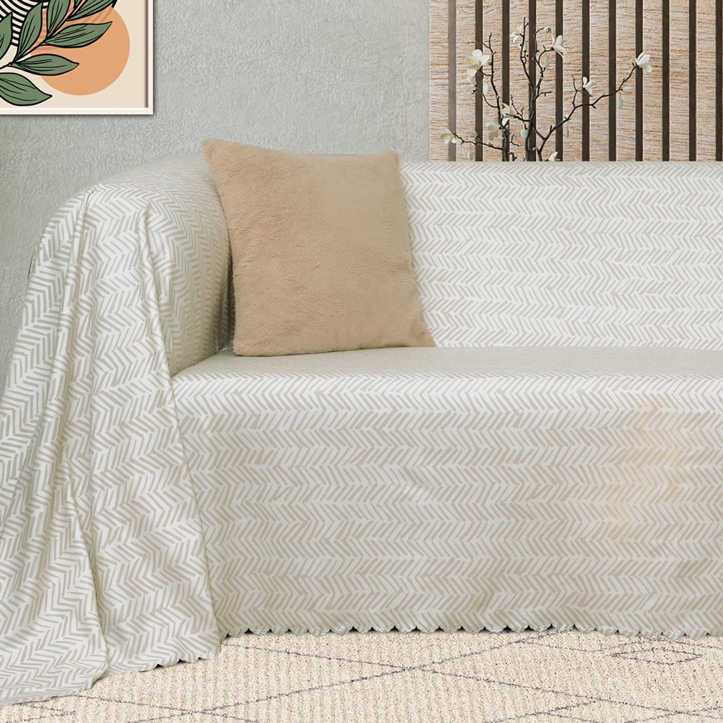 SoftMicro İskandinav Desenli Boho 180x300 cm Koltuk Örtüsü Şalı, Kanepe Örtüsü, Tv Battaniyesi Krem