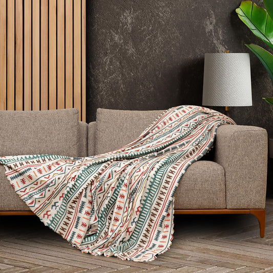 SoftMicro Etnik Desenli Boho180x300 cm Koltuk Örtüsü Şalı, Kanepe Örtüsü, Tv Battaniyesi Turkuaz