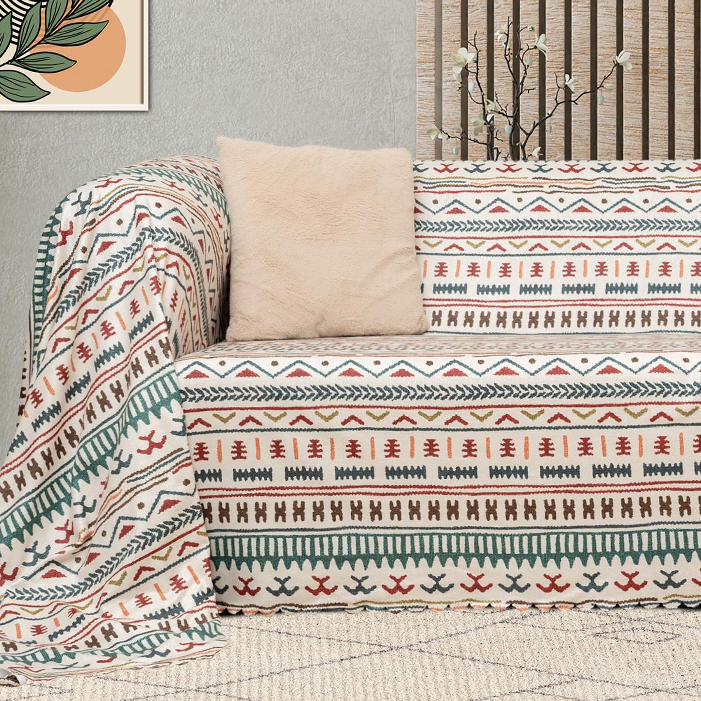 SoftMicro Etnik Desenli Boho180x300 cm Koltuk Örtüsü Şalı, Kanepe Örtüsü, Tv Battaniyesi Turkuaz