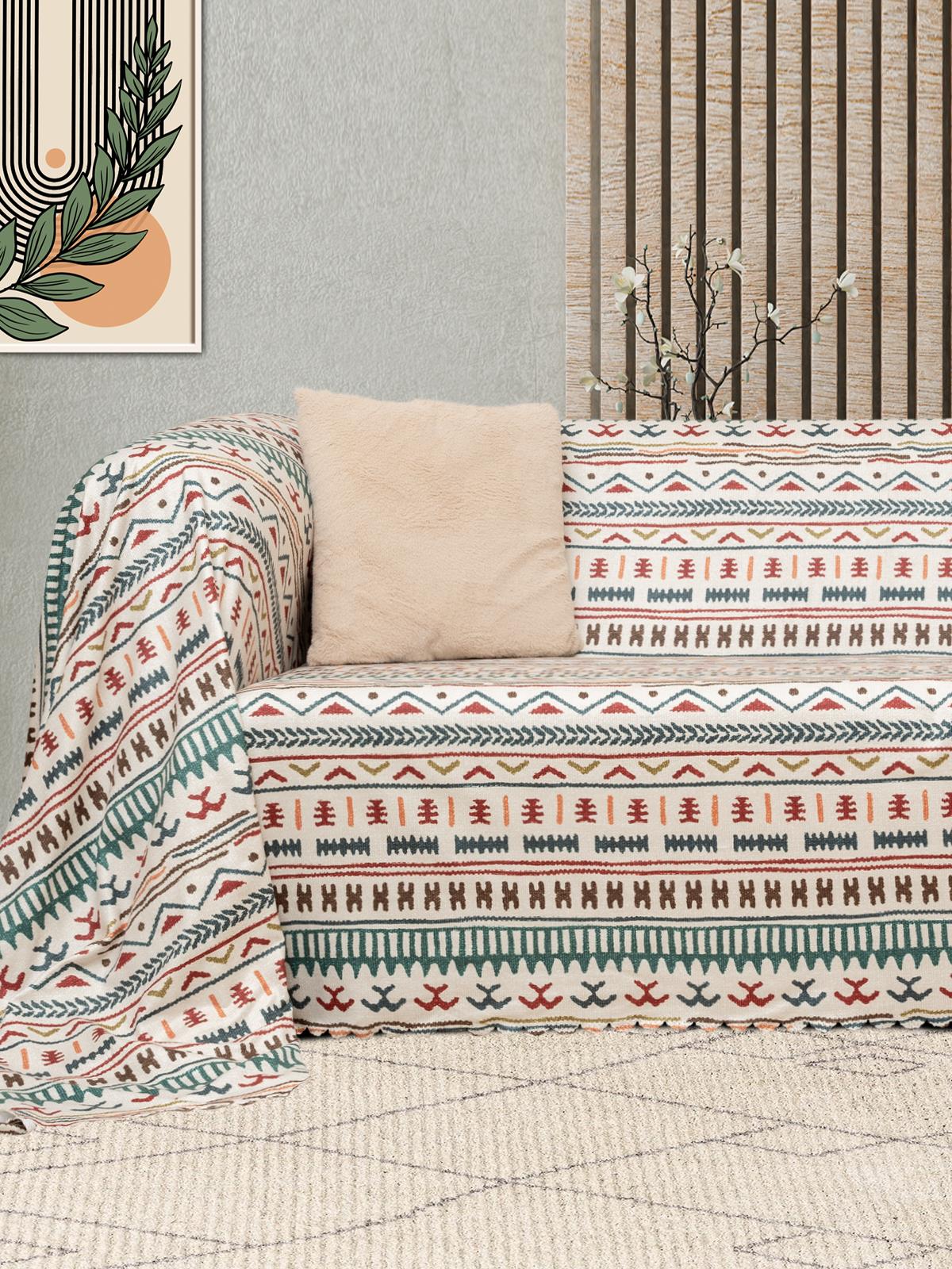 SoftMicro Etnik Desenli Boho 180x220 cm Koltuk Örtüsü Şalı, Kanepe Örtüsü, Tv Battaniyesi Turkuaz