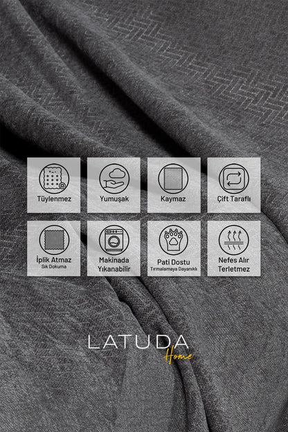 Jakarlı Şönil Koltuk Örtüsü  | Çekyat Örtüsü | Koltuk Şalı 110x175 2 Ad. Kaymaz Gri