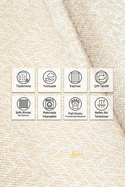 Jakarlı Şönil Koltuk Örtüsü  | Çekyat Örtüsü | Koltuk Şalı 110x175 2 Ad. Kaymaz Krem