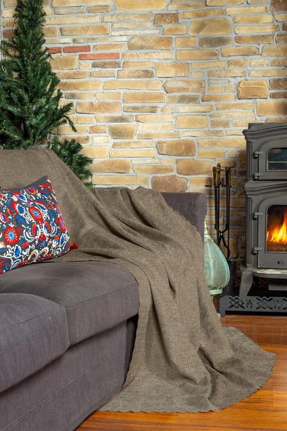 Jakarlı Şönil Koltuk Örtüsü  | Çekyat Örtüsü | Koltuk Şalı 175x215 Kaymaz Bej