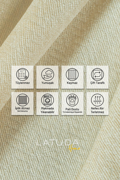 Jakarlı Şönil Koltuk Örtüsü  | Çekyat Örtüsü | Koltuk Şalı 175x215 Kaymaz Ekru