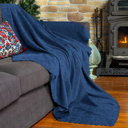 Jakarlı Şönil Koltuk Örtüsü  | Çekyat Örtüsü | Koltuk Şalı 175x215 Kaymaz Gece Mavisi