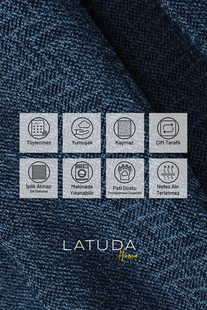 Jakarlı Şönil Koltuk Örtüsü  | Çekyat Örtüsü | Koltuk Şalı 175x215 Kaymaz Gece Mavisi