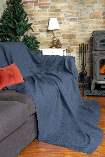 Jakarlı Şönil Koltuk Örtüsü  | Kanepe Örtüsü | Koltuk Şalı 175x215 Kaymaz Gece Mavisi