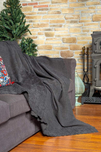 Jakarlı Şönil Koltuk Örtüsü  | Çekyat Örtüsü | Koltuk Şalı 175x215 Kaymaz Gri