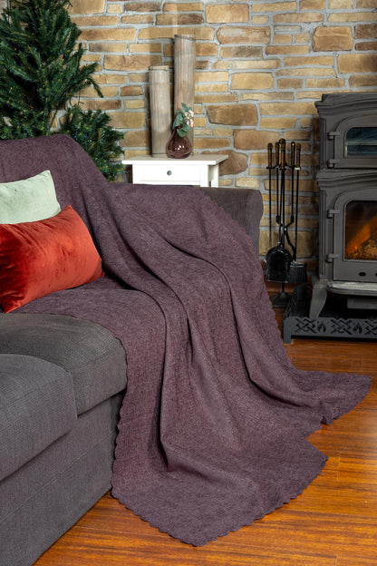 Jakarlı Şönil Koltuk Örtüsü  | Kanepe Örtüsü | Koltuk Şalı 175x215 Kaymaz Gül Kurusu