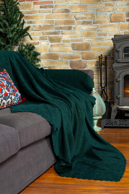 Jakarlı Şönil Koltuk Örtüsü  | Çekyat Örtüsü | Koltuk Şalı 175x215 Kaymaz Zümrüt