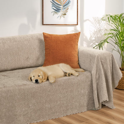 Jakarlı Şönil Koltuk Örtüsü  | Çekyat Örtüsü | Koltuk Şalı 175x300 Kaymaz Bej