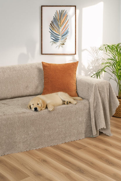 Jakarlı Şönil Koltuk Örtüsü  | Çekyat Örtüsü | Koltuk Şalı 175x300 Kaymaz Bej