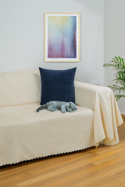 Jakarlı Şönil Koltuk Örtüsü  | Çekyat Örtüsü | Koltuk Şalı 175x300 Kaymaz Ekru