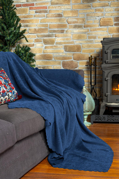 Jakarlı Şönil Koltuk Örtüsü  | Çekyat Örtüsü | Koltuk Şalı 175x300 Kaymaz Gece Mavisi