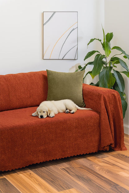 Jakarlı Şönil Koltuk Örtüsü  | Çekyat Örtüsü | Koltuk Şalı 175x300 Kaymaz Kiremit