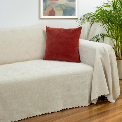 Jakarlı Şönil Koltuk Örtüsü  | Çekyat Örtüsü | Koltuk Şalı 175x300 Kaymaz Krem