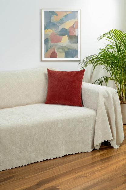 Jakarlı Şönil Koltuk Örtüsü  | Çekyat Örtüsü | Koltuk Şalı 175x300 Kaymaz Krem